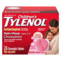 Tylenol Acetaminophen, Pain + Fever, 160 mg, Bubble Gum Flavor, Children's, Chewable Tablets, Ages 2-11 - 24 Each