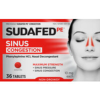 Sudafed PE Sinus Congestion, Non-Drowsy, Maximum Strength, 10 mg, Tablets