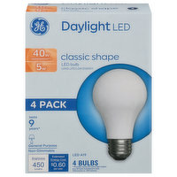 GE Light Bulbs, LED, Daylight, Classic Shape, 40 Watts, 4 Pack