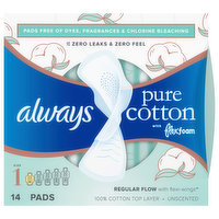 Always Pads, Pure Cotton with Flexfoam, Regular Flow with Flexi-Wings, Unscented, Size 1 - 14 Each