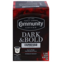 Community Coffee Coffee, Espresso Roast, Dark & Bold, Single Serve Cups - 12 Each 