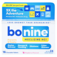 Bonine Meclizine Hydrochloride, Antiemetic, Raspberry Flavored, Tablets - 16 Each 