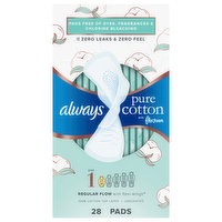 Always Pads, Pure Cotton with Flexfoam, Regular Flow with Flexi-Wings, Unscented, Size 1 - 28 Each
