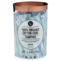 L. Tampons, 100% Organic Cotton Core, Super, Unscented - 30 Each 