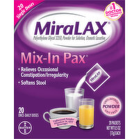 MiraLAX Mix-in Pax, Single Doses, Unflavored Powder, 20 Pack - 20 Each 