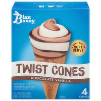 Blue Bunny Frozen Dairy Dessert, Chocolate Vanilla, Twist Cones - 4 Each 