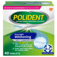 Polident Antibacterial Denture Cleanser, Overnight Whitening, 4 in 1 Cleaning Power, Tablets - 40 Each 