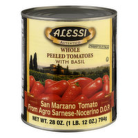 Alessi Tomatoes, with Basil, Whole, Peeled - 28 Ounce