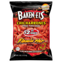 Baken-Ets Fried Pork Skins, Chicharrones, Flamin' Hot Flavored - 4 Ounce 