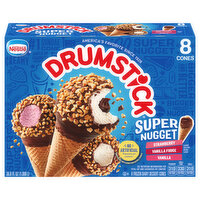 Drumstick Dessert Cones, Strawberry/Vanilla Fudge/Vanilla, Super Nugget - 8 Each 