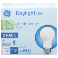 GE Light Bulbs, LED, Daylight, Classic Shape, 9 Watts, 2 Pack - 2 Each 