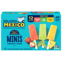 Helados Mexico Fruit Ice Bars, Premium, Strawberry/Lime/Pineapple, Minis, Variety Pack - 12 Each 