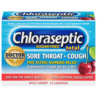 Chloraseptic Sore Throat + Cough, Sugar Free, Lozenges, Wild Cherry - 15 Each 