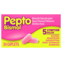 Pepto Bismol Upset Stomach Reliever/Antidiarrheal, 5 Symptom Relief, Caplets - 24 Each 