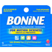 Bonine Meclizine Hydrochloride, For Motion Sickness, Raspberry Flavored, Chewable Tablets - 16 Each 