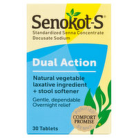 Senokot-S Laxative Ingredient + Stool Softener, Natural Vegetable, Dual Action, Tablets - 30 Each 