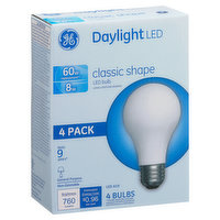 Ge Light Bulbs, LED, Daylight, Classic Shape, 8 Watts, 4 Pack - 4 Each 