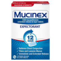 Mucinex Expectorant, 12 Hour, Maximum Strength, 1200 mg, Extended-Release Bi-Layer Tablets - 14 Each 