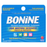 Bonine Meclizine Hydrochloride, Antiemetic, Raspberry Flavored, Tablets - 16 Each
