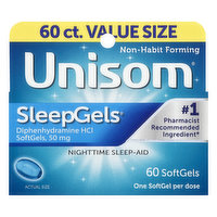 Unisom Nighttime Sleep-Aid, 50 mg, Softgels, Value Size - 60 Each 