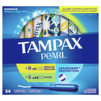 Tampax Tampons, Regular/Super Absorbency, Unscented, Duopack - 34 Each 