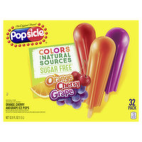 Popsicle Ice Pops, Sugar Free, Orange Cherry Grape, 32 Pack