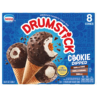 Drumstick Frozen Dairy Dessert Cones, Vanilla Fudge/Vanilla Caramel/Vanilla, Cookie Dipped - 8 Each 