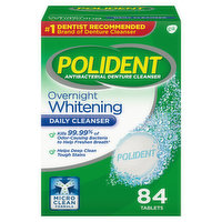 Polident Antibacterial Denture Cleanser, Triple Mint Freshness, Overnight Whitening, Tablets - 84 Each