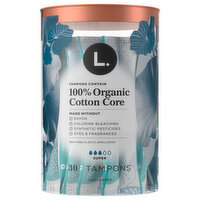 L. Tampons, 100% Organic Cotton Core, Super, Unscented - 30 Each 