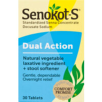 Senokot-S Laxative Ingredient + Stool Softener, Natural Vegetable, Dual Action, Tablets - 30 Each 