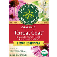 Traditional Medicinals Herbal Supplement, Organic, Throat Coat, Lemon Echinacea, Tea Bags - 16 Each 