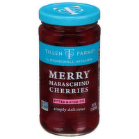 Tillen Farms Cherries, Merry Maraschino, Pitted & Stem-On - 13.5 Ounce 