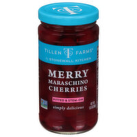 Tillen Farms Cherries, Merry Maraschino, Pitted & Stem-On - 13.5 Ounce 