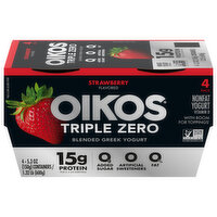 Oikos Yogurt, Nonfat, Strawberry Flavored, Blended, Greek - 4 Each 