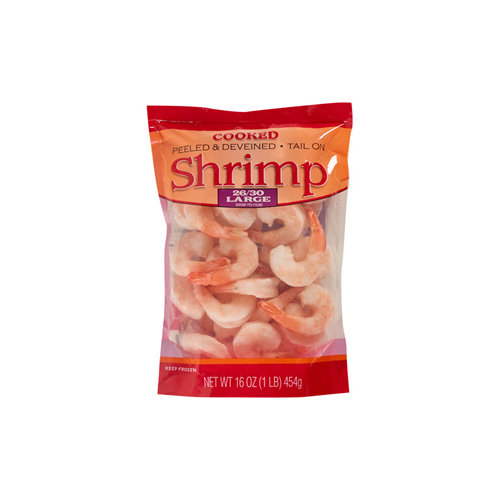 Cooked Peeled Tail On Shrimp, Frozen, 26/30 Ct Per Lb