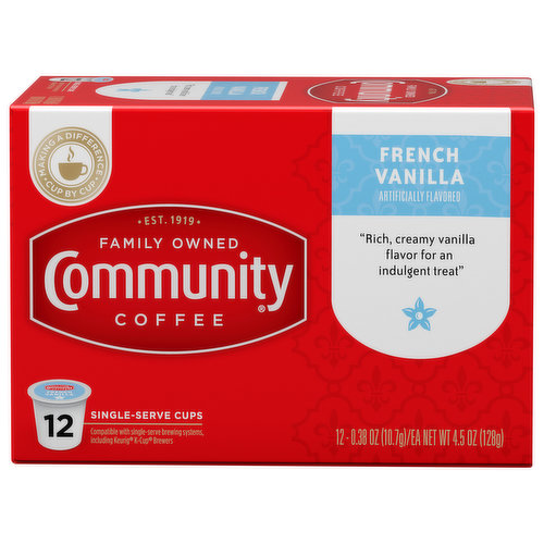 Rich, creamy vanilla flavor for an indulgent treat. Artificially flavored. Making difference cup by cup. Est 1919. Family owned. Compatible with single-serve brewing systems, including Keurig K-Cup brewers. Our exclusive flavored coffees create a sweet, indulgent cup with a satisfying finish. This rich, creamy vanilla flavor is an indulgent, well-rounded coffee. To enhance the flavor, cream and add sugar. Our Story: Over 100 years ago my great-grandfather, Cap Saurage, created the very first batch of our signature coffee. He blended and served a cup so delicious that it became a local favorite. Out of appreciation for his community of friends and customers, Cap named it Community Coffee. Four generations later, we are dedicated to creating a variety of distinctive, full-flavored coffees. We blend and roast each coffee to reach its full potential, giving you a rich, smooth coffee experience every time. - Matt Saurage, 4th generation owner. We believe it is important to do more than make great coffee. By supporting and giving back to local communities, every cup makes a difference to the people and places that make us Community Coffee. CommunityCoffee.com Facebook; Instagram; Twitter. Find us on Facebook.com/CommunityCoffee. Discover more varieties at CommunityCoffee.com. For more information about Community products contact: Community Coffee Company 1-800-884-5282. Discover more varieties at communitycoffee.com. Community Coffee: Cash for schools - 1 point. CommunityCoffee.com/CashforSchools. This carton is made with recycled material. Please recycle.
