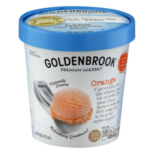 If you're looking for a light, refreshing treat, look no further! Our classic orange sherbet is made with real orange juice for the perfect anytime enjoyment. Per 1/2 Cup: 120 calories; 0.5 g sat fat (3% DV); 25 mg sodium (1% DV); 21 g sugars. Gluten free. Naturally creamy. Refreshing goodness! Small batch. Light & refreshing. Delicious. Get refreshed with our creamy & delicious naturally low in fat and made in small batches with fresh, wholesome milk, and orange juice, each bite is a frosty and fruity delight sure to quench your craving! Go ahead, dig in - it’s that good. Made from fresh, wholesome milk and real juice. No artificial growth hormones ever (No artificial growth hormones used in our milk and cream. According to the FDA, no significant difference has been shown between dairy derived from rbst-treated and non-rbst-treated cows). goldenbrookcreamery.com. For More Info: goldenbrookcreamery.com Award-Winning: Made in our own local creamery. Est. 1997.