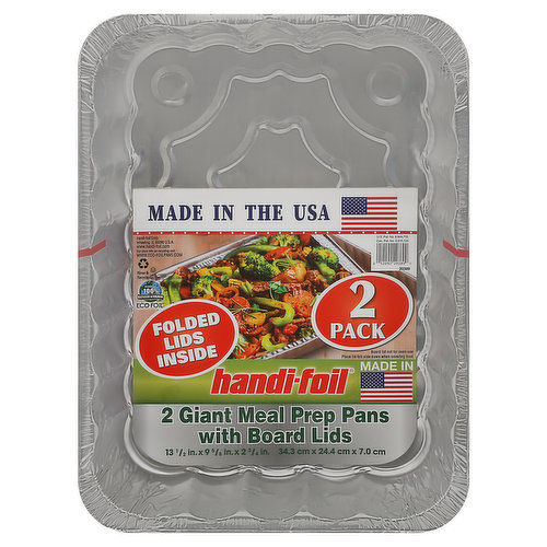 Folded lids inside. For more info on recycling visit www.eco-foilpans.com. Rinse & Recycle. Made of 100% recycled aluminum eco-foil.