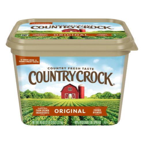 0 g trans fat per serving. Per Serving: Country Crock: 50 calories; 6 g fat; 1.5 g sat fat; 0 mg cholest. Dairy Butter: 100 calories; 11 g fat; 7 g sat fat; 30 mg cholest. See nutrition information for fat and saturated fat content. Gluten free. New look same great taste. Real taste from real ingredients. Starts with farm grown ingredients. Churned in Kansas. No artificial preservatives or flavors. Here at Country Crock we start with farm grown ingredients slow-churned in Kansas. Bring a taste of the country to your table. countrycrock.com. how2recycle.info. For questions/comments, visit us at: countrycrock.com. Country Crock is committed to sustainable palm oil. For more information see countrycrock.com.