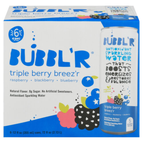 Bubbl'r Sparkling Water, Antioxidant, Triple Berry Breez'r