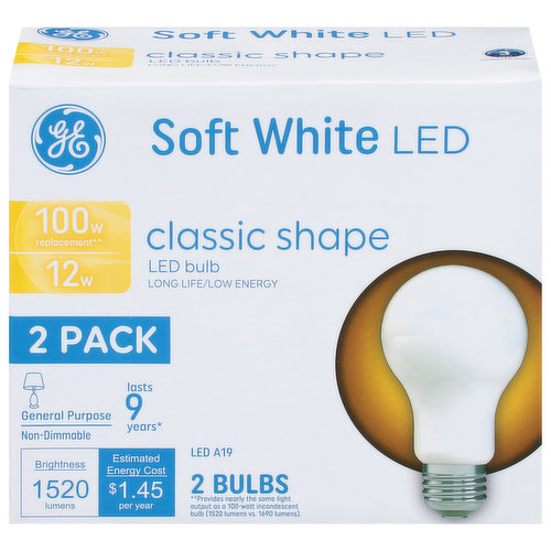 Brightness Quantity: 1520 lumens. Energy Info: $1.45 based on 3 hrs/day, 11¢/kWh. Cost depends on rates and use. 12 watts. Package Info: 2-Pack. 2. Voltage: 120 volts. Bulb Info: LED. Screw. Bulb Life: 9.1 years based on 3 hrs/day. Bulb Appearance: 2700 k.