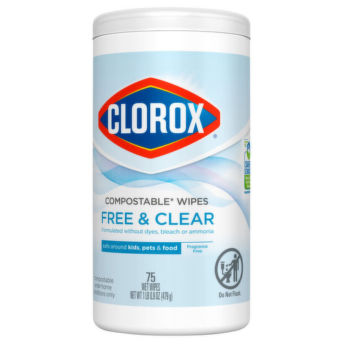 Clorox Cleaning Wipes, Free & Clear, Compostable - 75 wet wipes [1 lb 0.9 oz (479 g)]