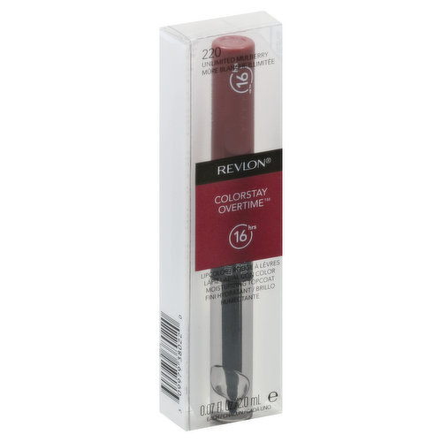 16 hrs. 16 hours of comfortable color. No touch-ups needed - even after meals. Topcoat enriched with chamomile, keeps lips comfortable and delivers the shiniest shine. revlon.com. Made in USA with US and non-US components.