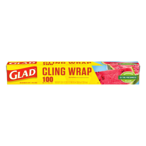 100 sq. ft. (9.2 m square). 100 sq ft (33-1/3 yd x 12 inches) 9.2 m square (30.4 m x 30.4 cm). Microwave-safe. Clear food wrap. Superior 3x the freshness (Based on moisture loss in produce vs. no protection. Superior cling vs. national brand) cling. Glad makes products that help keep food fresh longer. We've been doing it for over 50 years. and our products keep getting better. Glad’s best-ever Cling Wrap is easy to use and dispense. So whether you're portioning food, preparing food, steaming food or protecting food - count on Glad. You will be Glad you did. Wrap in freshness so many uses. Portioning. Preparing. Steaming. Protecting. Push to secure roll. www.glad.com. how2recycle.info. Questions or Comments? Visit our website or give us a call. www.GLAD.com 1-800-835-4523. BPA-free. how2recycle.info. Made in U.S.A. of global components.