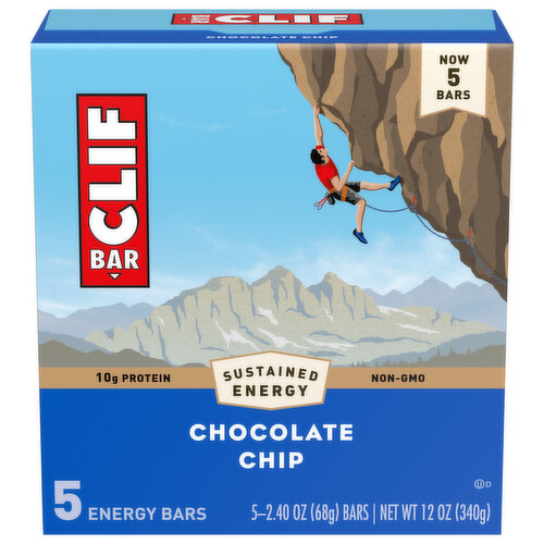 CLIF CLIF BAR - Chocolate Chip - Made with Organic Oats - 10g Protein - Non-GMO - Plant Based - Energy Bars - 2.4 oz. (5 Pack)