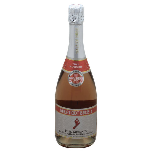 Charmat method sparkling wine secondary fermentation prior to bottling. Barefoot Bubbly most awarded sparkling wine blend in US competitions. Consistent quality. Proven value. Get Barefoot and have a great time. Barefoot Bubbly Pink Moscato California Champagne is surprise and delight at first sip! This Pink Moscato sparkler has aromas of red apples and cherries, complemented by a luscious, lingering sweet finish. Enjoy with fresh fruits, white cheeses and sorbet. - Jen Wall, Barefoot Winemaker. barefootwine.com. Alc 9.5% by vol. Produced & bottled by Barefoot Cellars, Modesto, CA.