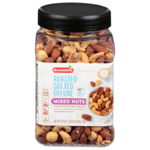 Cashews, almonds, filberts, pecans. Per 1 oz: 170 calories, 2 g sat fat (9% DV), 80 mg sodium (3% DV), 1 g total sugars. Good source of 6 vitamins and minerals. See nutrition information for fat content. brookshires.com. Questions? Call us at 1-903-534-3000 brookshires.com. Contains: Cashews from India, Brazil, Vietnam Indonesia, Ghana, Ivory Coast; Filberts from Turkey; Pecans from USA, Mexico.