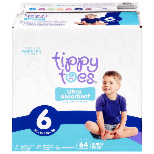 Tippy Toes Diapers, 6 (35+ lb), Super Pack