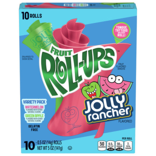Fruit Roll-Ups fruit flavored snacks. Now in two Jolly Rancher flavors – Green Apple and Watermelon. Each roll comes with an assortment of Jolly Rancher-inspired tongue tattoos