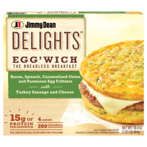 Bring power to your mornings without all of the bread and carbs! Jimmy Dean Delights Bacon, Spinach, Onion Egg'wich showcase savory turkey sausage and cheese layered between two egg frittatas flecked with bacon, spinach and parmesan. With 14 grams of protein per serving and only 8 grams of carbohydrates, it's a sensible on-the-go breakfast packed with protein. Simple to prepare and ready in minutes, our egg'wich is made with premium ingredients and the Jimmy Dean quality you know and trust. Simply heat and go. One package includes 4 Bacon, Spinach, Onion Egg'wich sandwiches. Jimmy Dean once said, "Sausage is a great deal like life. You get out of it what you put in." Which pretty much sums up his magic formula for having a great day. Today, Jimmy Dean Brand brings you many ways to add some sunshine to your morning. Because today's your day to shine on™.